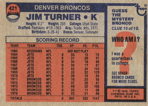 1976 Topps Football Jim Turner Denver Broncos #421 - Picture 2 of 2