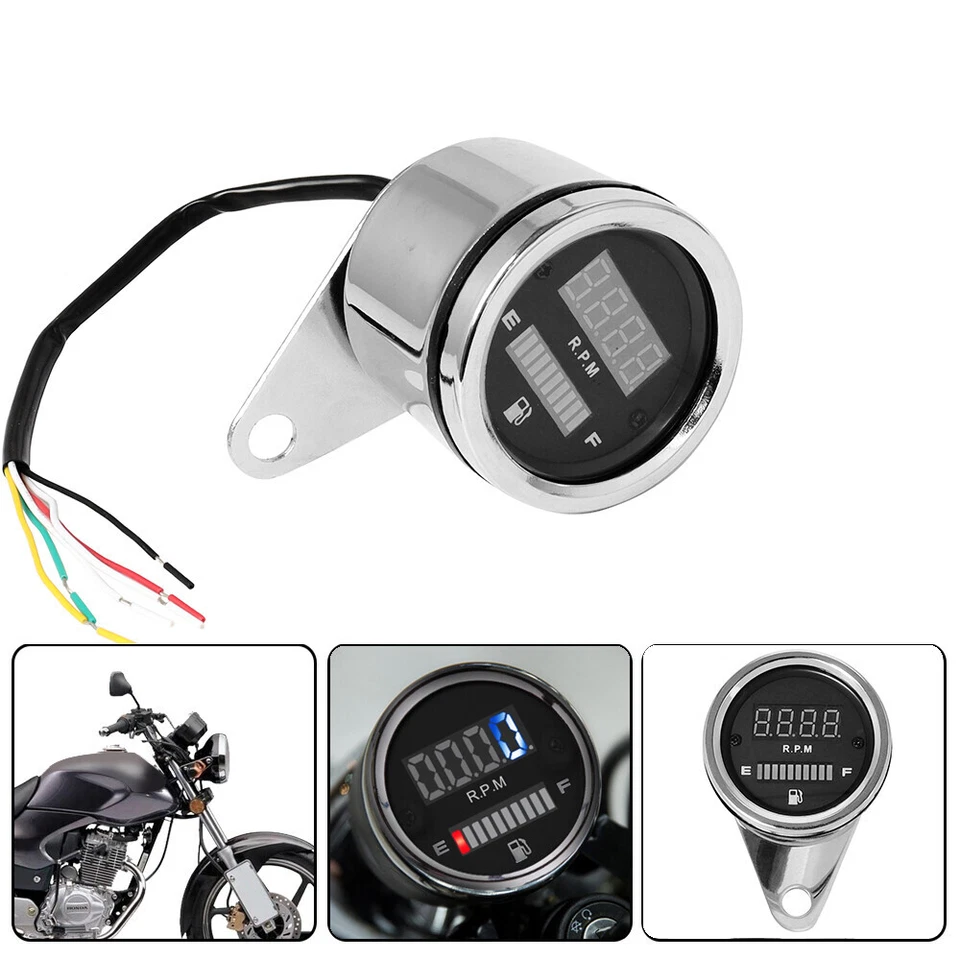 12V Universal 2 In 1 Motorcycle LED Digital Tachometer Gas Fuel Gauge RPM Chrome — 第 4/4 张图片