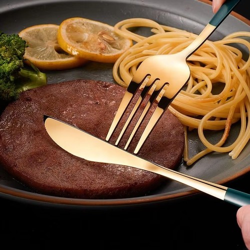 24tlg Gold Geschirr Set Edelstahl Steakmesser Gabel Kaffeelöffel Besteck - Bild 4 von 24