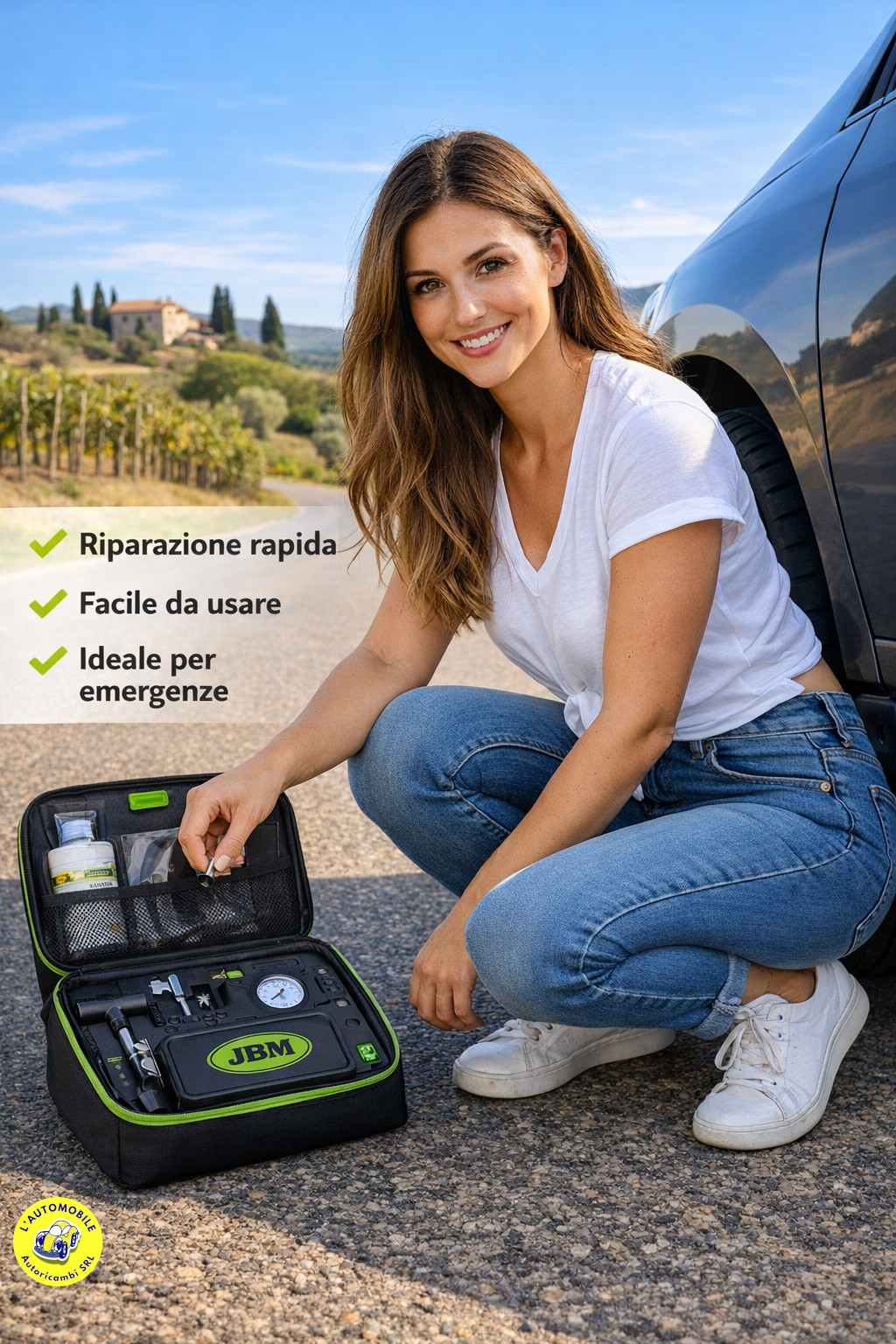 KIT DI RIPARAZIONE PNEUMATICI LIQUIDO SIGILLANTE E COMPRESSORE D'ARIA 54760 JBM