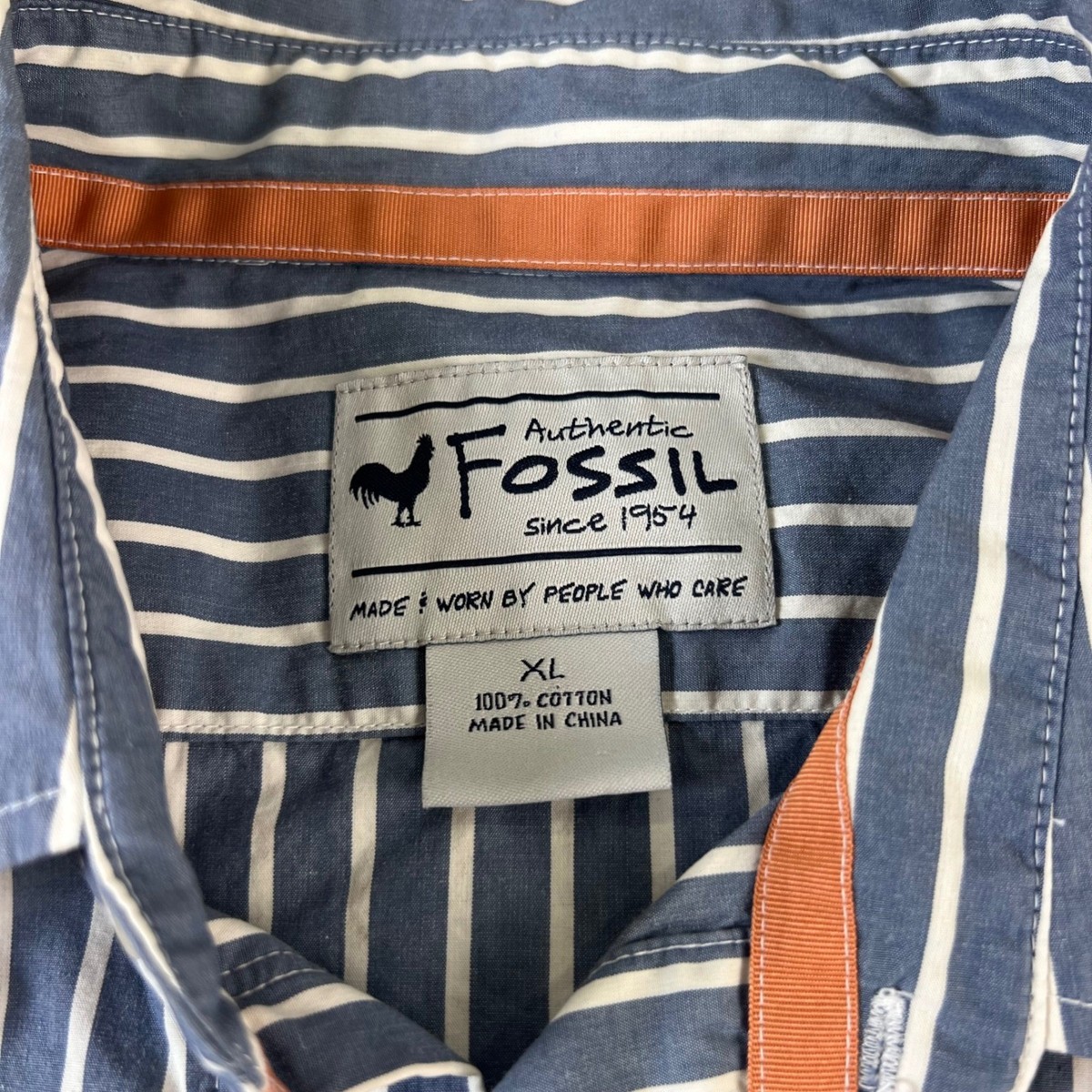 Fossil Striped Button Down Shirt Orange Cuff Detail Long Sleeve Preppy Casual XL View 4