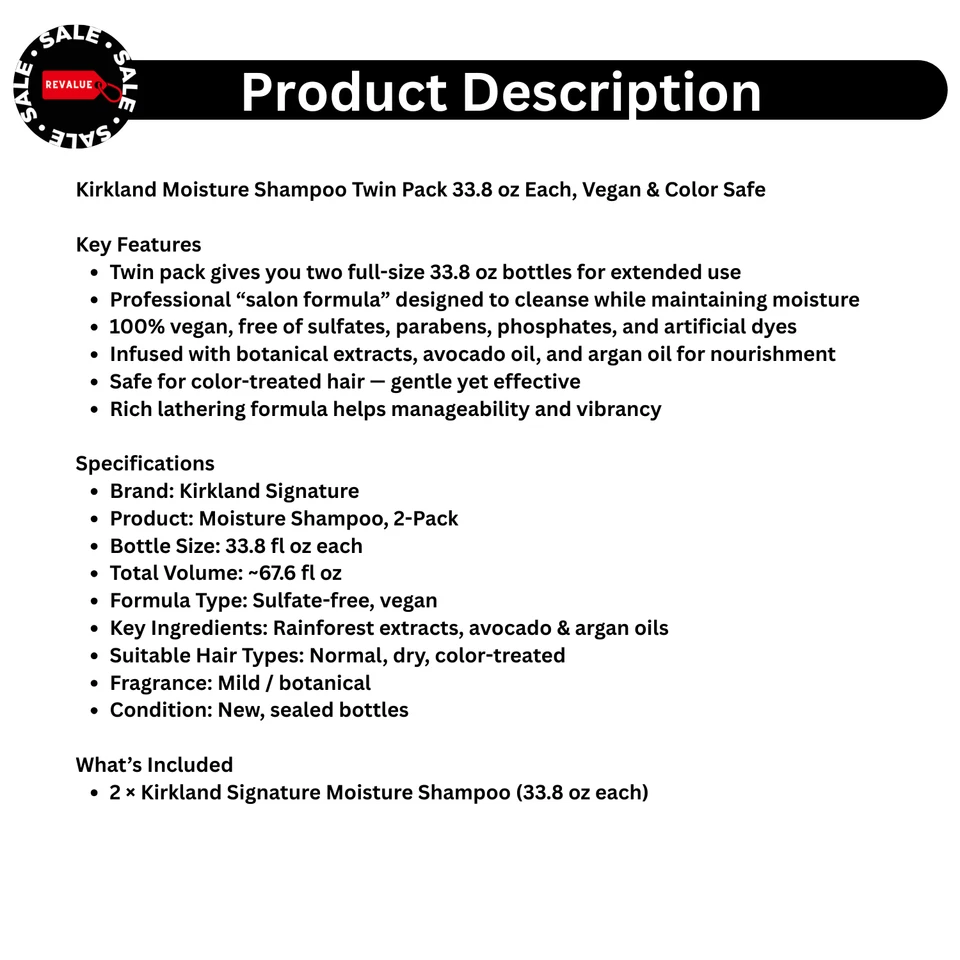 Kirkland Moisture Shampoo 4-Pack 33.8 oz Each, Vegan & Color Safe - Image 2 of 4