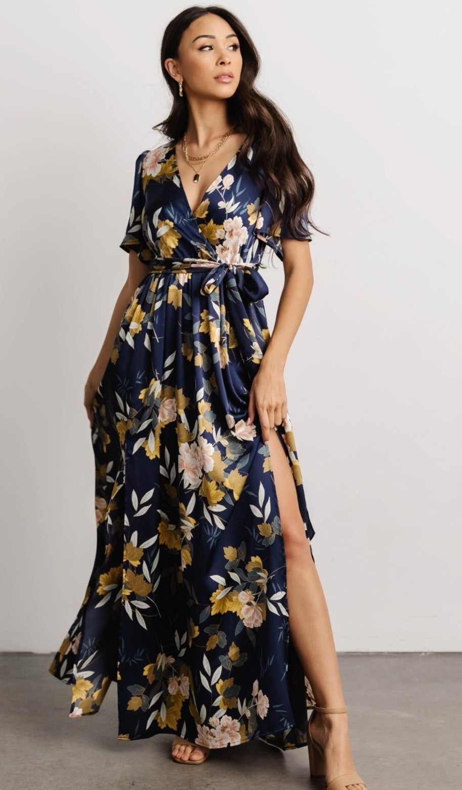 Baltic Born Blue Floral Maxi Dress  V-Neck Flutter Sleeve Satin Faux Wrap 3XL