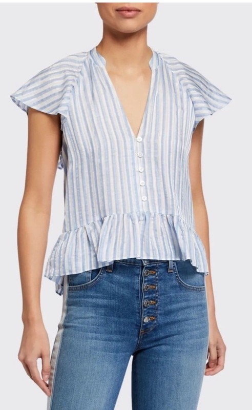 Veronica Beard Hilo Blue White Striped Linen Silk Flutter Sleeve Blouse Size 2