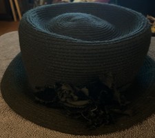 Vintage Liz Claiborne Black Wool Cloche Rounded Hat w/Small Flower