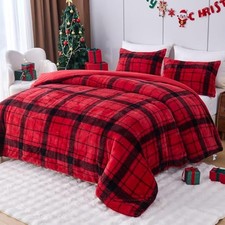 Christmas Faux Fur Size Comforter Set, Luxury Ultra Soft King 04 Red Plaid