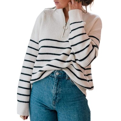 Frauen Gestreifter Pullover Half Zip Up Stand Colar Long Sleeves Lose Passform
