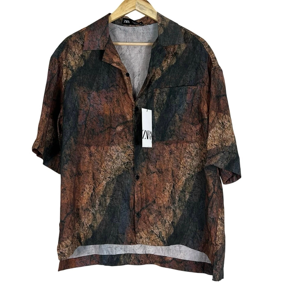 Новый с Ярлыками Zara рубашка на пуговицах мужской S коричневый абстрактный Streetwear ретро инди Sleaze  - Изображение 3 из 4