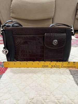 Vintage Brighton Brown Croc Embossed Leather Shoulder Bag Heart Charm Y2K