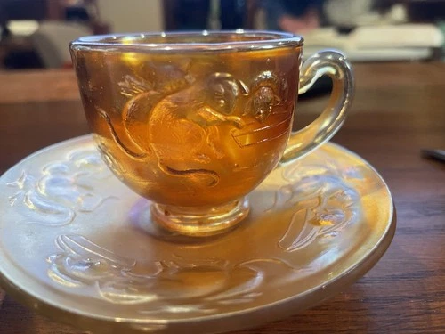 Pretty Fenton Carnival Glass Marigold Kittens Pattern Cup and Saucer Set