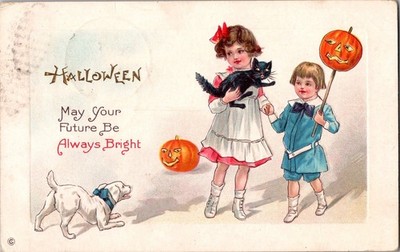 1913 Antique Halloween Postcard Children Black Cat Jack-o'-Lantern Dog Cato NY
