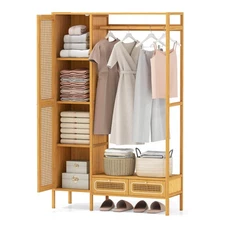Bamboo Clothing Rack w/ Cabinet Hanging Rod Storage Shelf & Drawers for Foyer