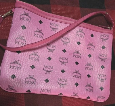 #ad MCM Blush Pink Visetos Leather Wristlet Clutch Shoulder Bag Pouch $300.00