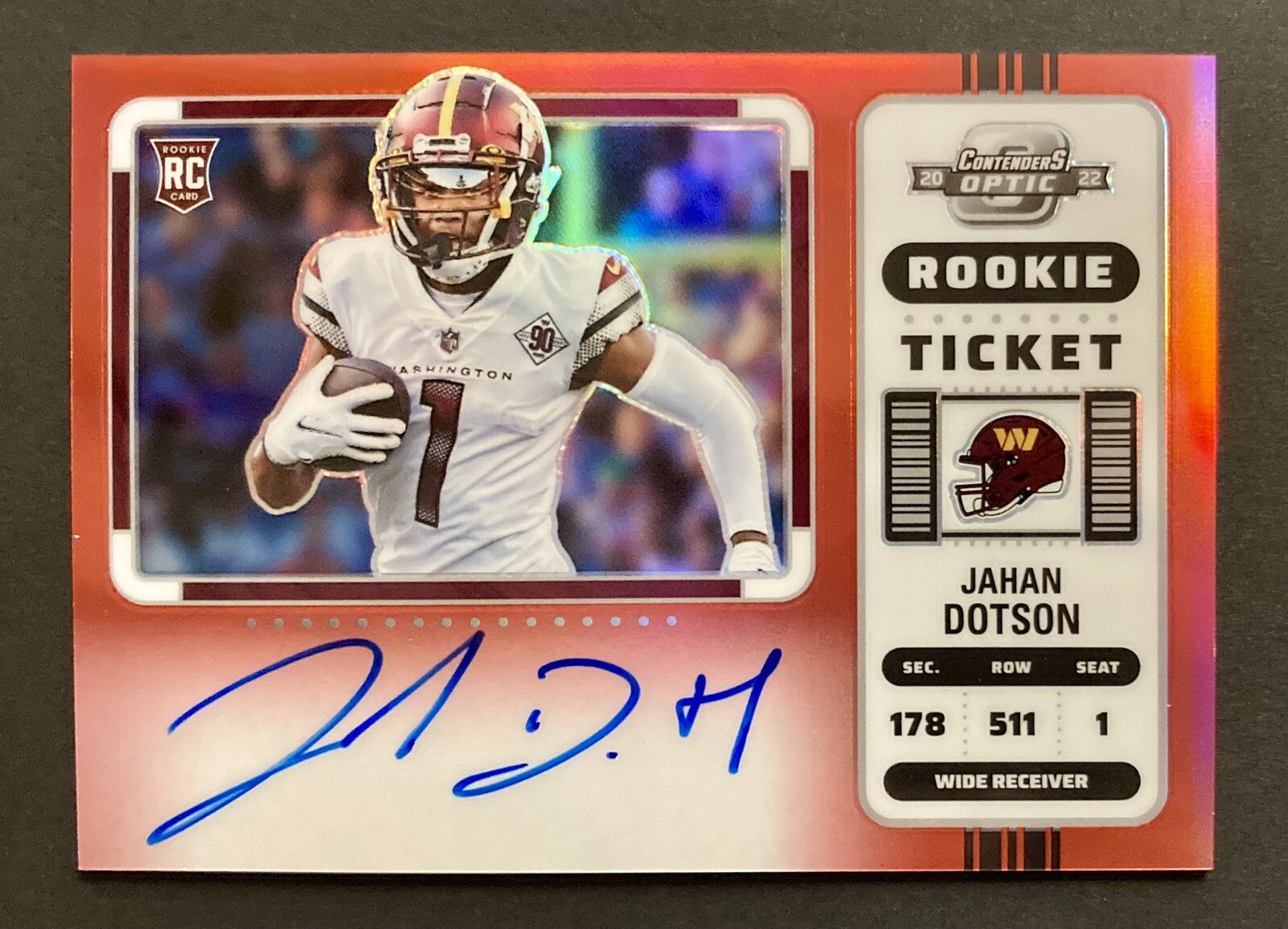 2022 NFL Contenders Optic Jahan Dotson Rookie Ticket Auto Red Variation /50