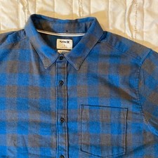 Hurley Shirt Mens Large Blue Grey Check Plaid Flannel Classic Fit Short Sleeve