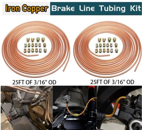 2Pcs 25Ft 3/16'' Brake Line Tubing Kit Copper-Plated Pipe Coil w/ 32 Pcs Fitting - Picture 1 of 17