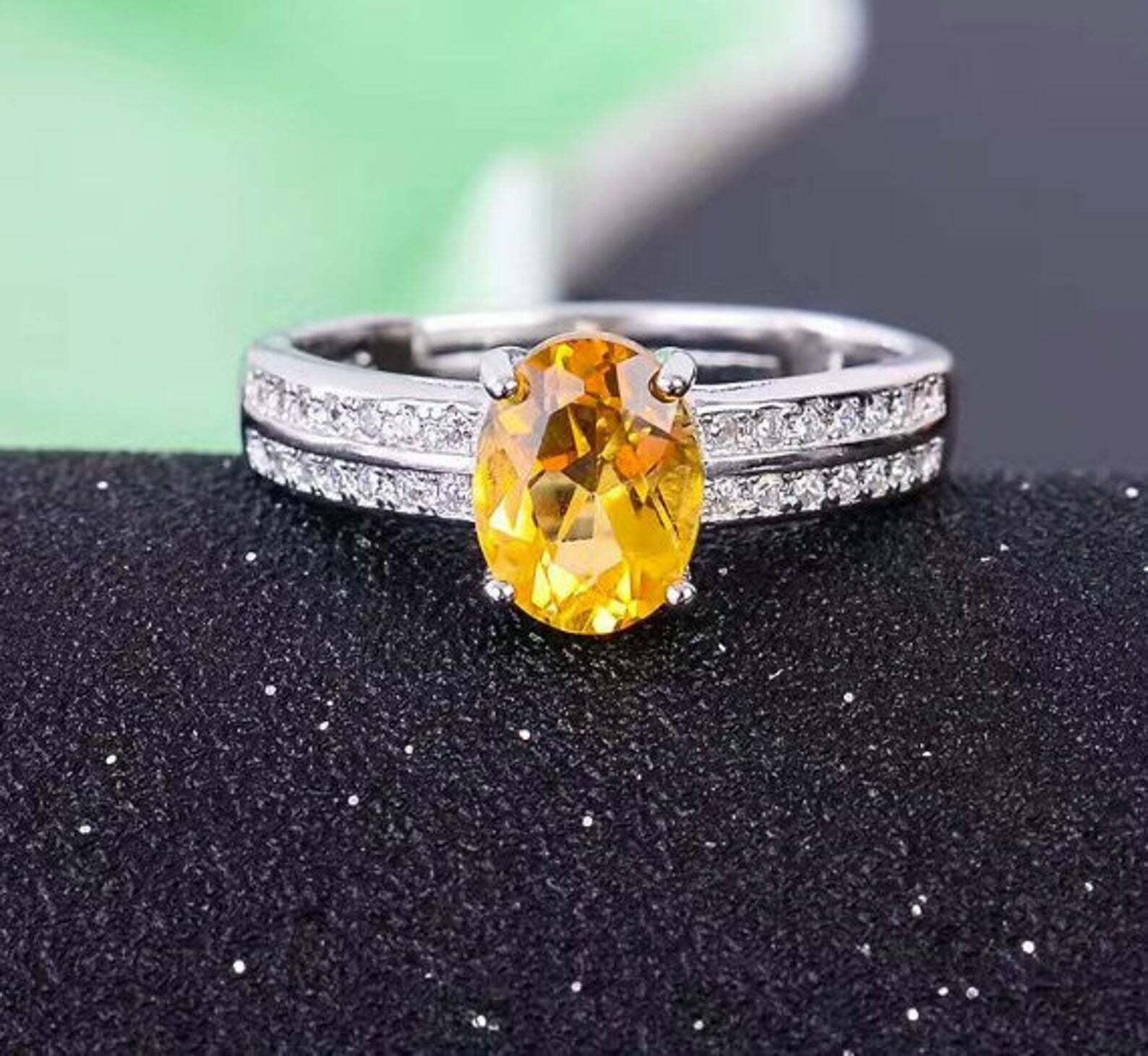 2ct Oval Citrine Lab-Created Engagement Ring in White Gold with Dual Row Accents  