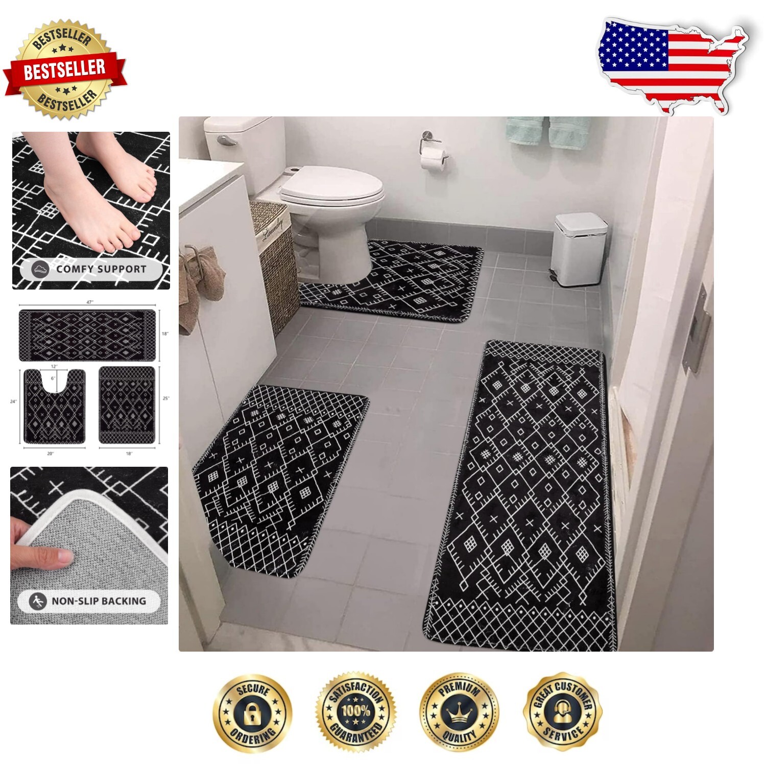 Luxurious 3-Piece Black Velvet Bath Mat Set with Non-Slip Rubber Base