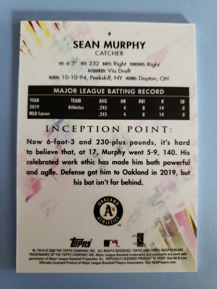 2020 TOPPS INCEPTION SEAN MURPHY ROOKIE CARD# 9 - Image 2 of 2