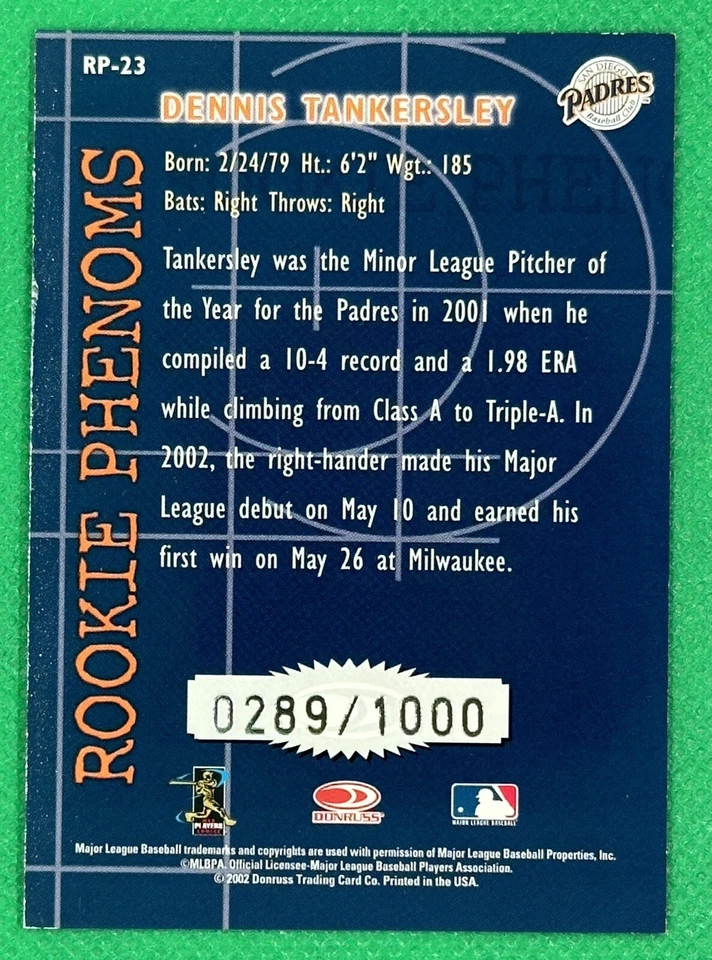 2002 Donruss The Rookies - Rookie Phenoms #RP-23 DENNIS TANKERSLEY SN 0289/1000 - Image 2 of 2