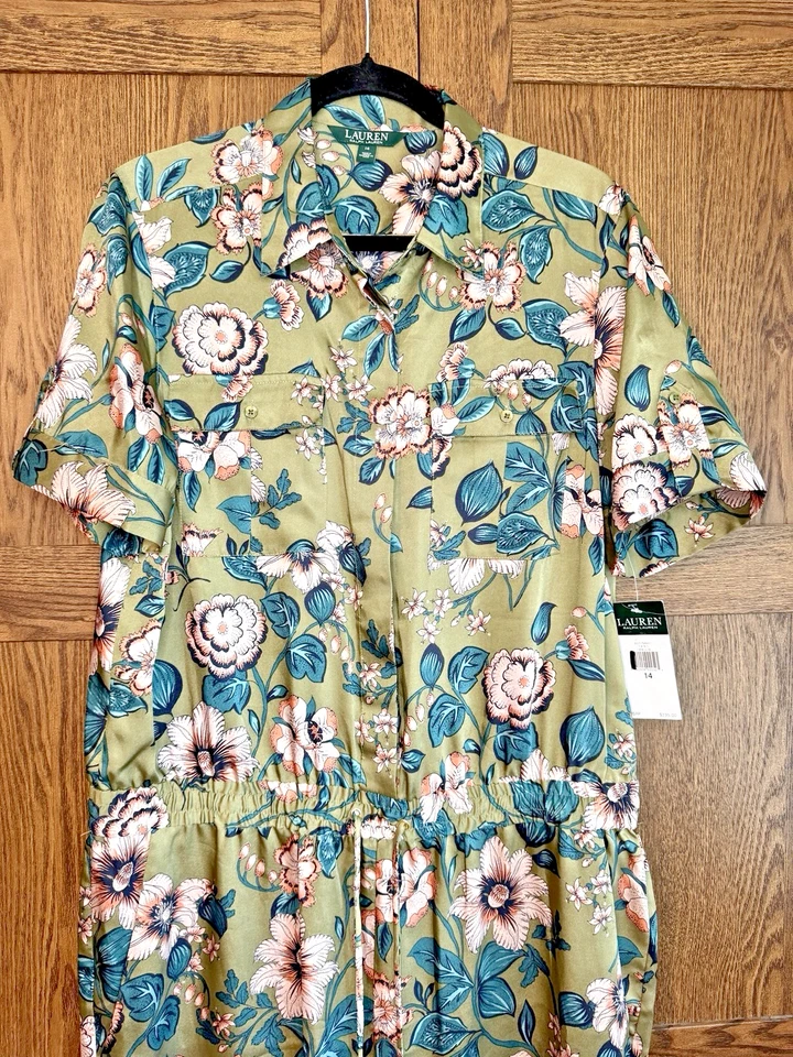 NUEVO CON ETIQUETAS LAUREN Ralph Lauren Mono Satinado Talla 14 Manga Corta Verde Rosa Floral $245 Foto 3 de 4