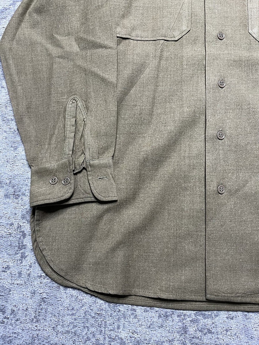 Vintage 40s WWII US Army OG Drab Green Wool Field Shirt Gas Flap