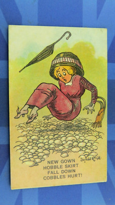 Freche Donald McGill Comic Postkarte 1900er Damenmode HOBBLE ROCK HERUNTERFALLEN
