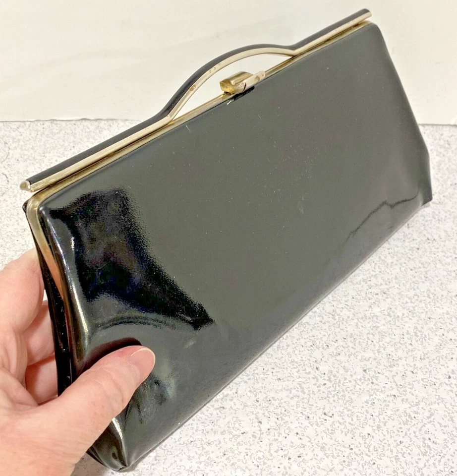 Bolso de noche negro acabado charol bolso sin asas clásico elegante bolso de mano de mediados de siglo Foto 2 de 4