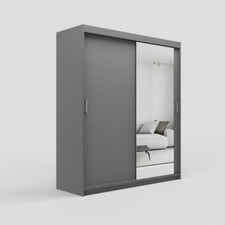 Modern Sliding Door Wardrobe with Mirror Optional Drawers 2 Hanging Rail