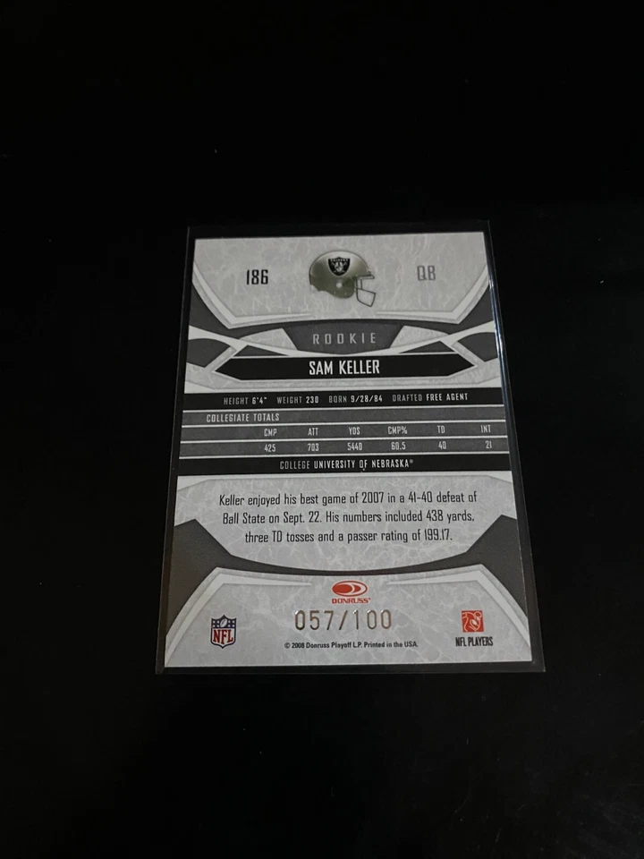 Sam Keller 2008 Donruss Gridiron Gear /100 RC Raiders 186 - Image 2 of 2
