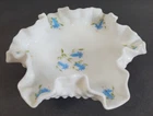 Vintage Fenton Milk Glass White Hobnail Trinket Dish Ruffle Hand Paint Bluebells