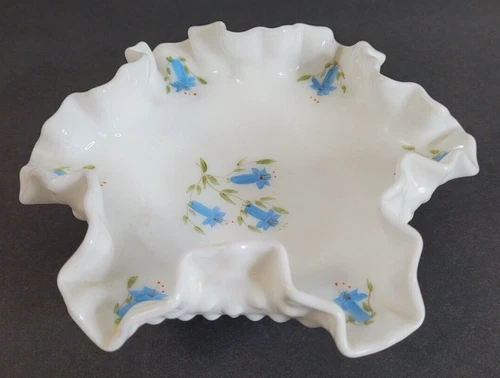 Vintage Fenton Milk Glass White Hobnail Trinket Dish Ruffle Hand Paint Bluebells