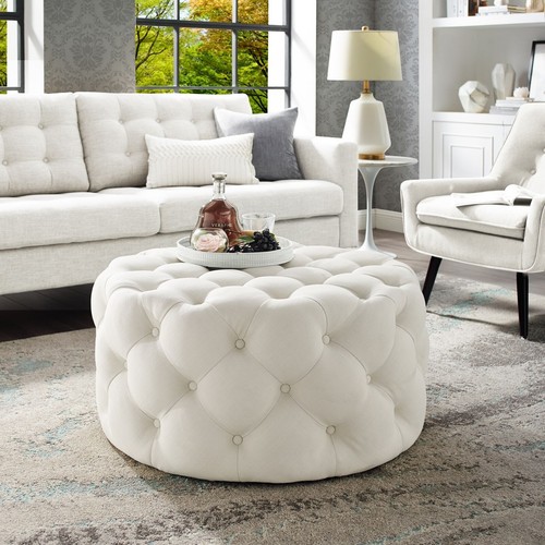 Modern Allover Tufted Round Cocktail Ottoman For Living Room - Picture 18 of 19