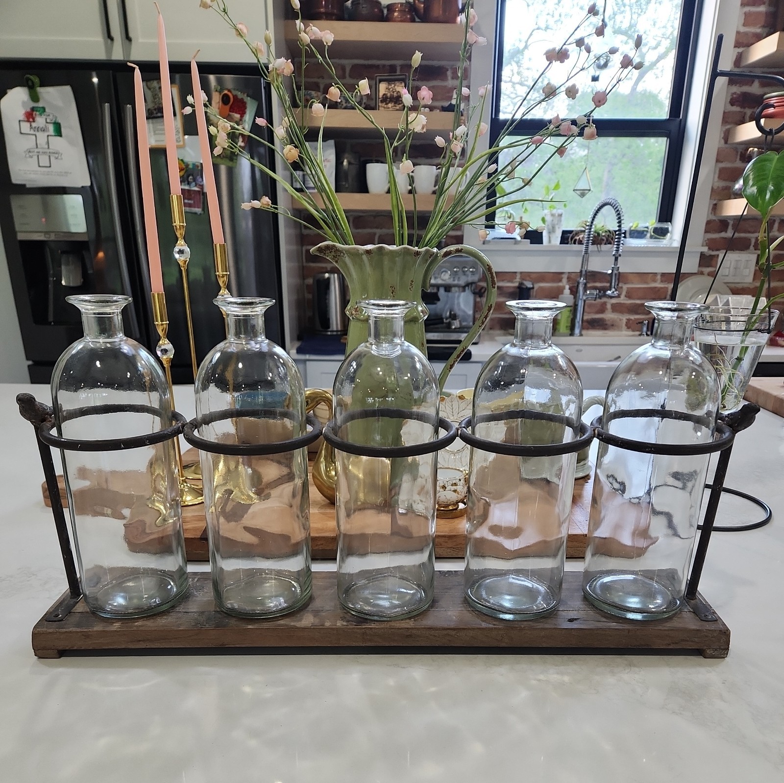 Rustic Farmhouse 5 Glass Bottle Vase Set  Wood Metal Rack Ce