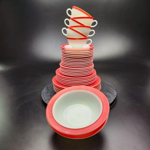 38pcs-6 Sets & 2 Serving Bowls 1950s PYREX Milk Glass Dinner Pink Flamingo🌟