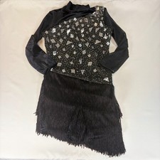 Weissman Black Sequin Mirror Fringe Dance Costume Mock Neck Long Sleeve SA 16297