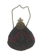 Vintage Beaded Evening Bag Ornate Metal Frame Chain Strap Black, Blue and Red