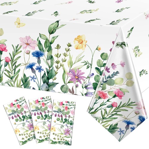3 Pieces Summer Floral Table Cover Watercolor Wild Flowers Tablecloth Plastic...