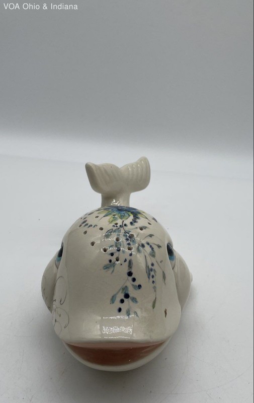 Ceramic Whale Figurine Hand-Painted Blue Floral Nautical Sea Life Decor