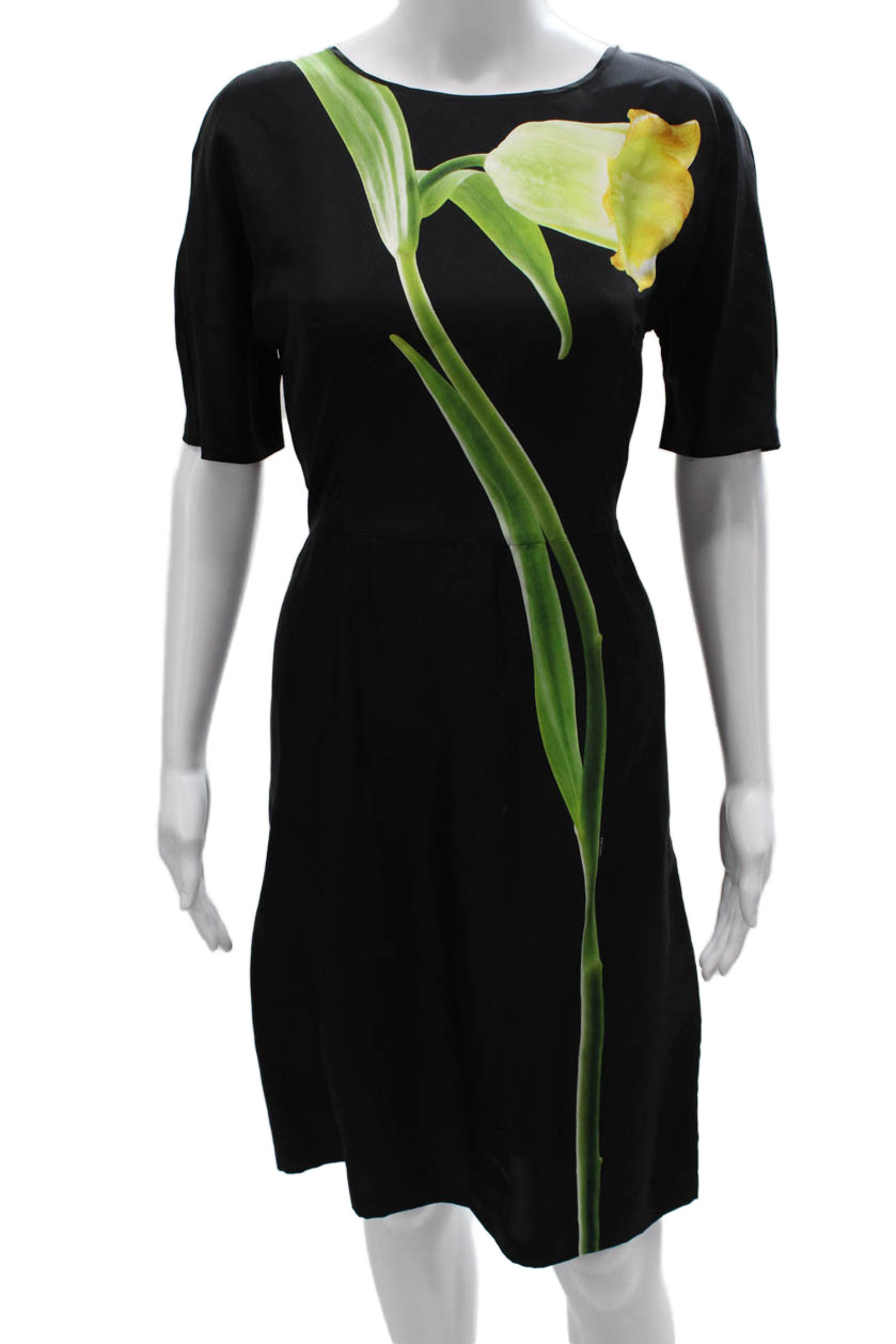Prada Women Sheath Dress Black Silk Boat Neck Short Sleeve Floral Size 42Free Shipping in US $100+ Orders | $6.95 Orders Below
