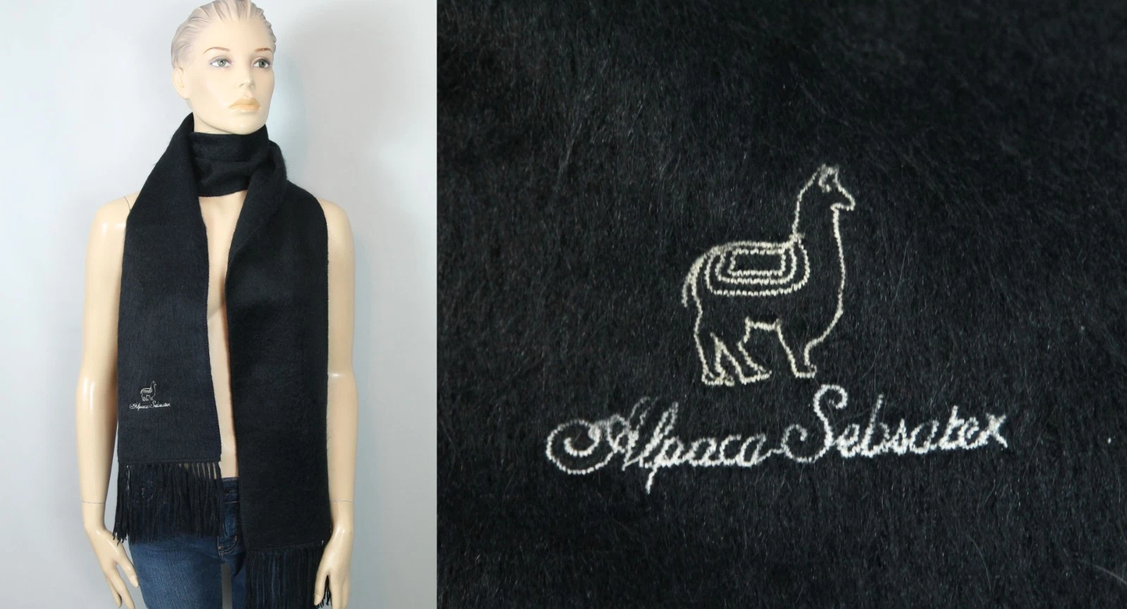 ALPACA SEBSATEX Black UNISEX Long Scarf Wrap Muffler w/ Fringed Hem 72”x 9”