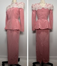 Vtg 80s Watters & Watters Pink Lace Pleated Peplum Maxi Skirt Formal Set XS/S