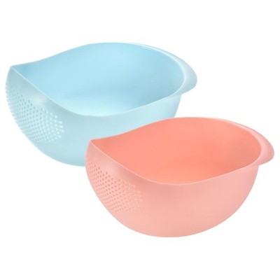 Kitchen Rice Washing Strainer Fruit Vegetable Container Drain Basket-Pink+Blue