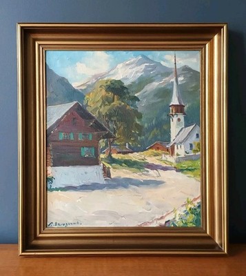 Vintage Mid Century Schweizer Alpendorf Alpen Ölgemälde - Theodor Skovgaard
