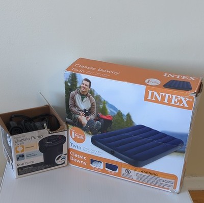 Intex Classic Downy Twin Inflatable Mattress with Car Pump Waterproof Blue