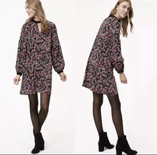 LOFT Dress Womens Size Small Velvet Trim Long Sleeve Keyhole Floral Cherry Berry
