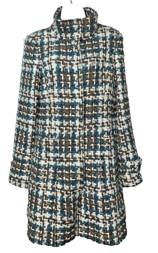 Abrigo para mujer Arden B mezcla de lana L marrón azul grueso a cuadros tweed forrado midi broches de presión Foto 2 de 4