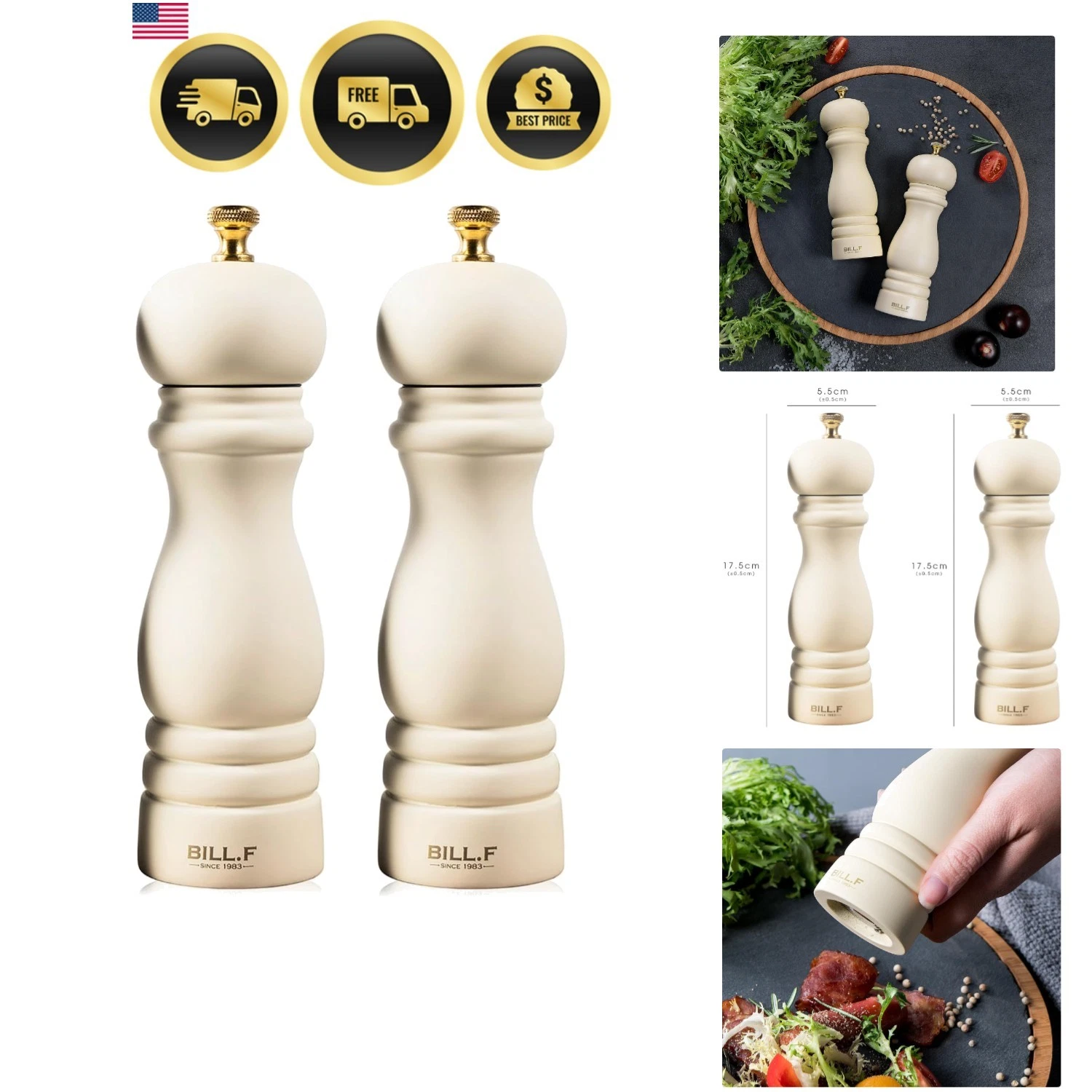 Salt and Pepper Grinder Wooden Pepper Mill Grinder White Salt Pepper Shakers ...