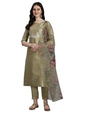 Women's Silk Blend Embroidered Straight Kurta Pant Set with Organza Dupatta