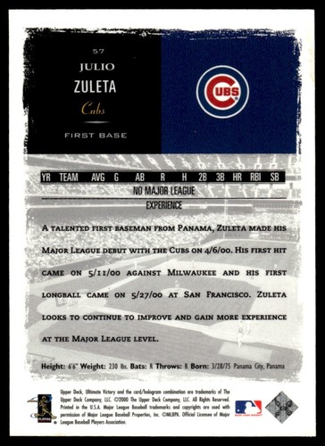2000 Upper Deck Ultimate Victory Julio Zuleta Rookie Chicago Cubs #57 - Picture 2 of 2